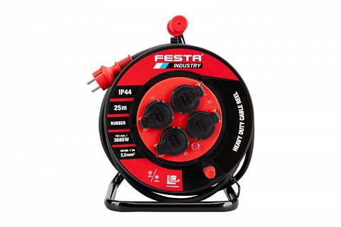 Kabel prodlužovací na bubnu venkovní FESTA INDUSTRY 3x2.5mm 25m 230V max 3680W 4 zásuvky guma-neoprén IP44