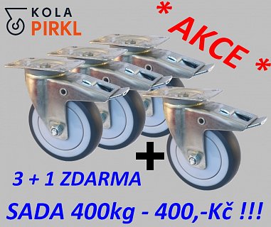 AKCE - sada gumových koleček s kuličkovým ložiskem - průměr 100mm - 4ks otočné s brzdou